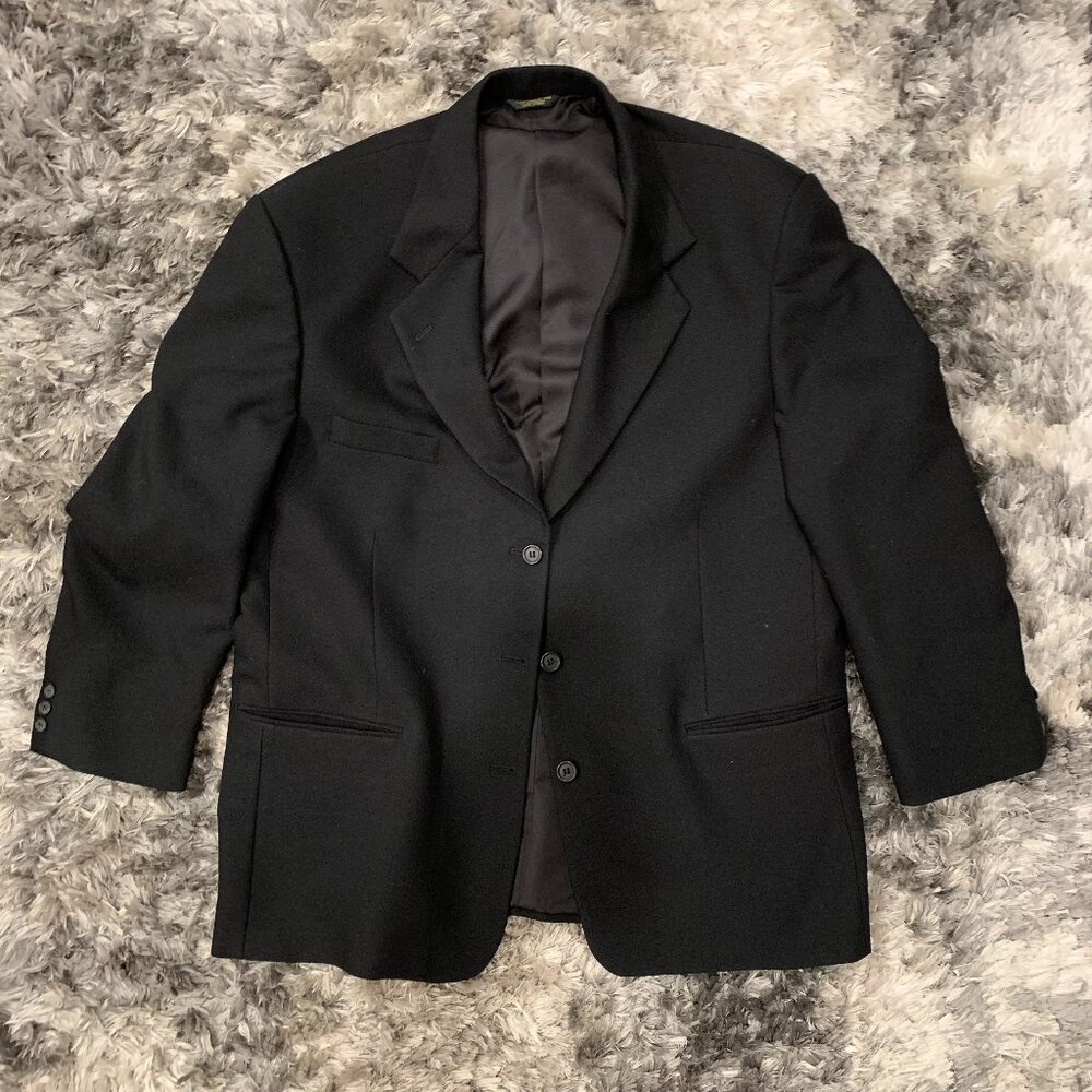 Savane Mens Blazer Jacket Sz 44-L Black Poly Wool 3 Button RN 21201